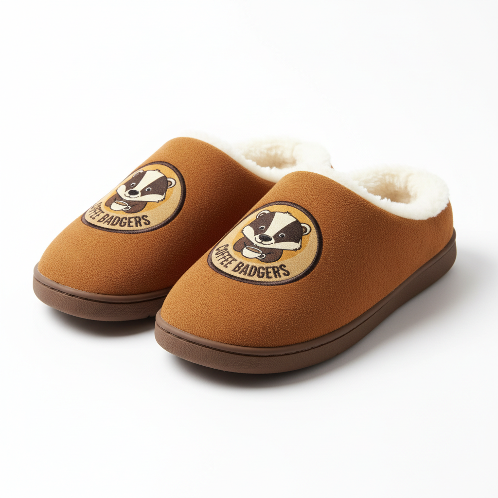 Coffee Badgers plush slippers with badger logo in warm earthy brown tones