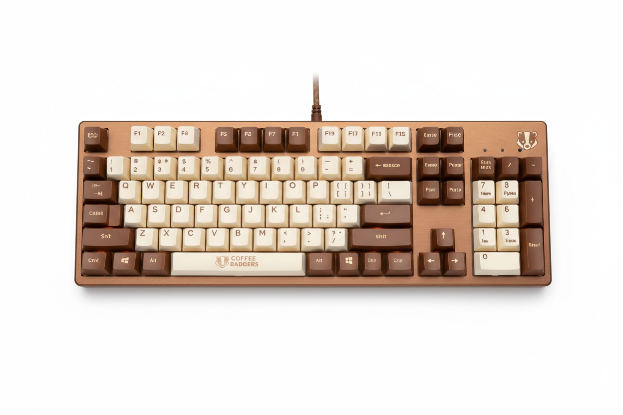 Coffee Badgers mechanical keyboard with brown and cream keycaps