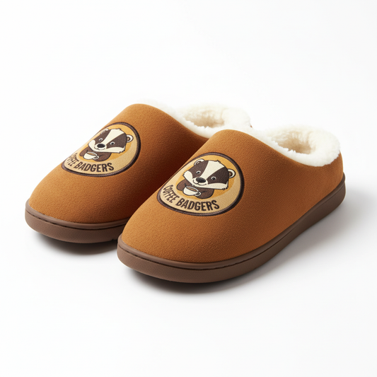 Coffee Badgers plush slippers with badger logo in warm earthy brown tones