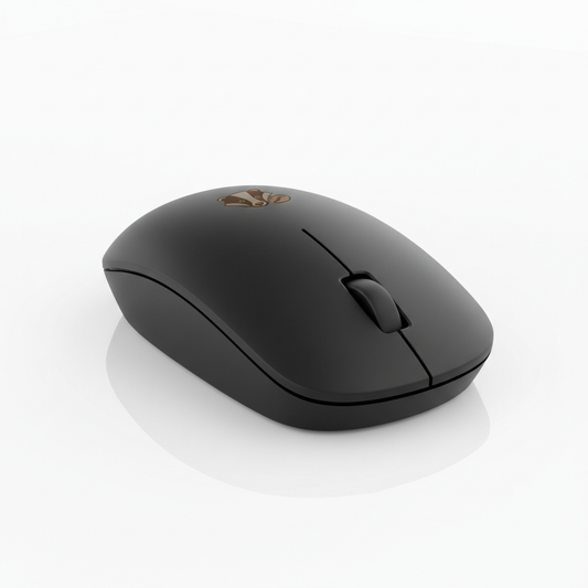 Coffee Badgers matte black wireless mouse with discrete logo