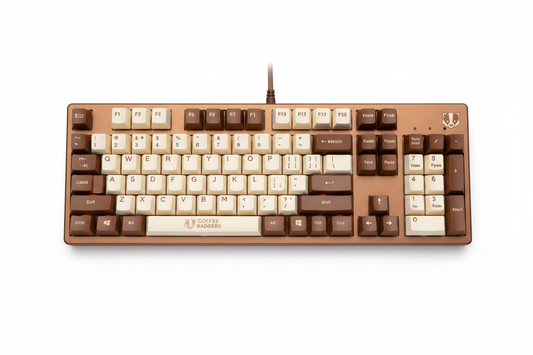 Coffee Badgers mechanical keyboard with brown and cream keycaps
